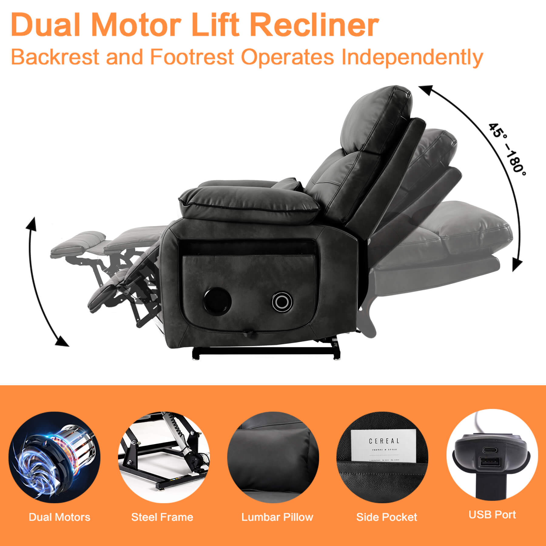Dual motor lift recliner with independent operation of backrest and footrest. It has a lumbar pillow, side pockets and USB port.