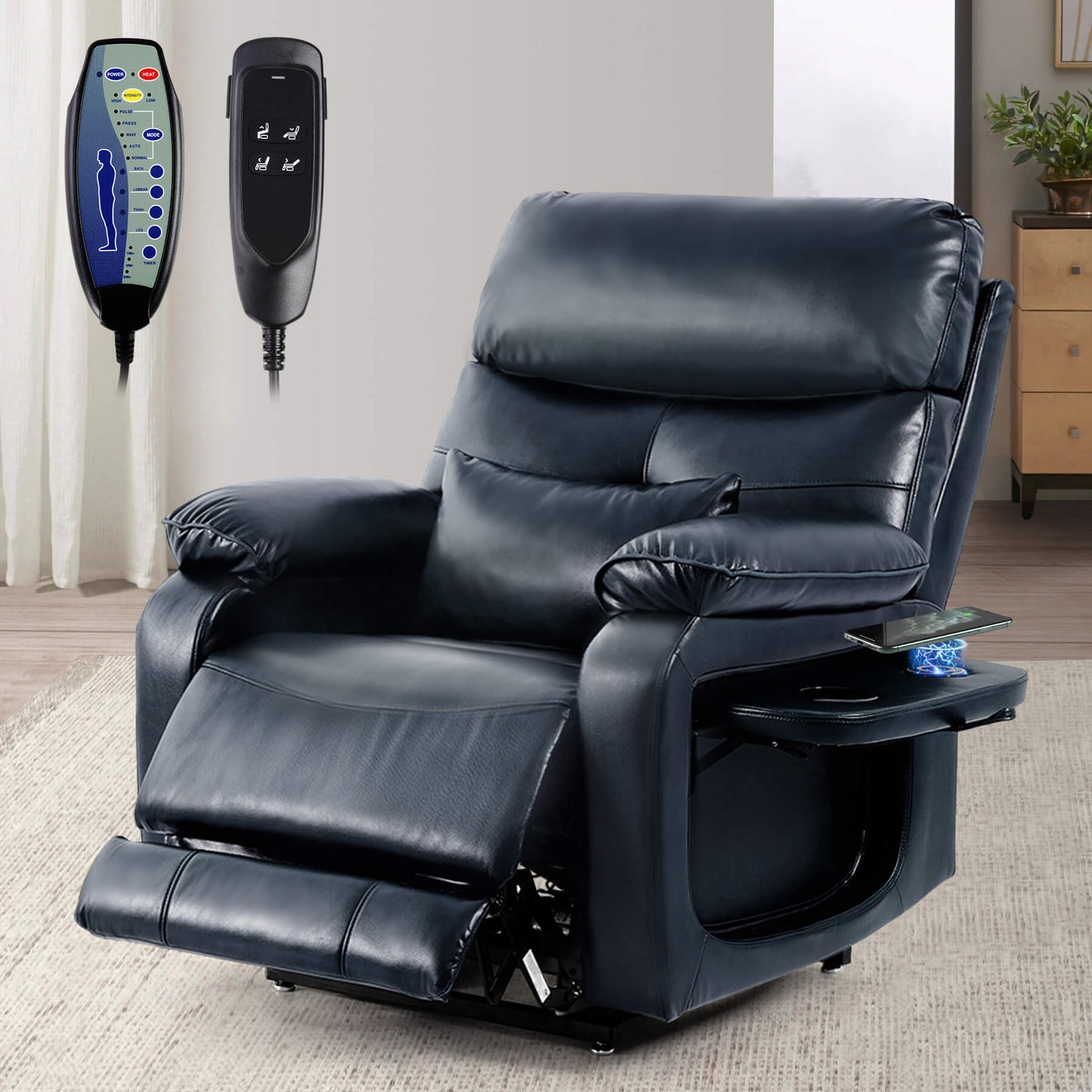 A power lift recliner with a foldable side tray and 2 remote controls