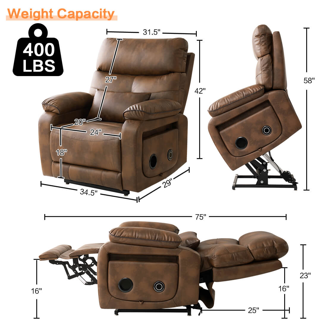 Ochre color power lift recliner chair with measurements and weight capacity