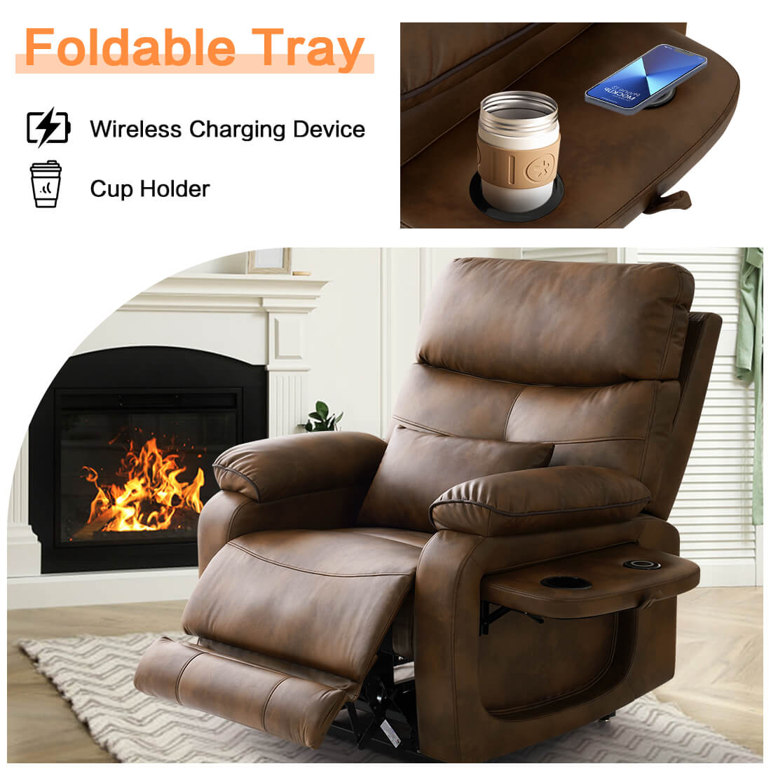 A leather power lift recliner chair with foldable tray, cup holder, and wireless charging device in a living room setting.