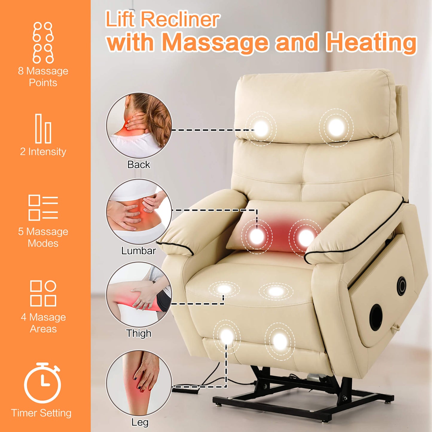This infinite position recliner has a vibration massage and lumbar heating with two intensities, 5 modes and can be timed.