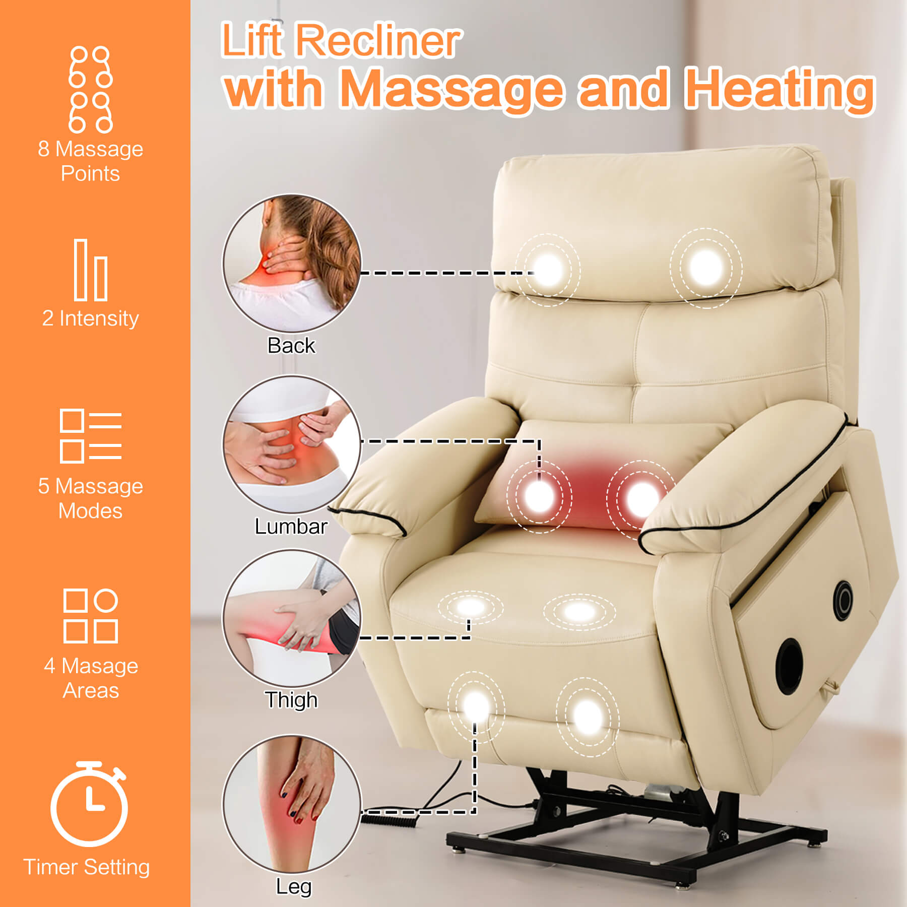 This infinite position recliner has a vibration massage and lumbar heating with two intensities, 5 modes and can be timed.