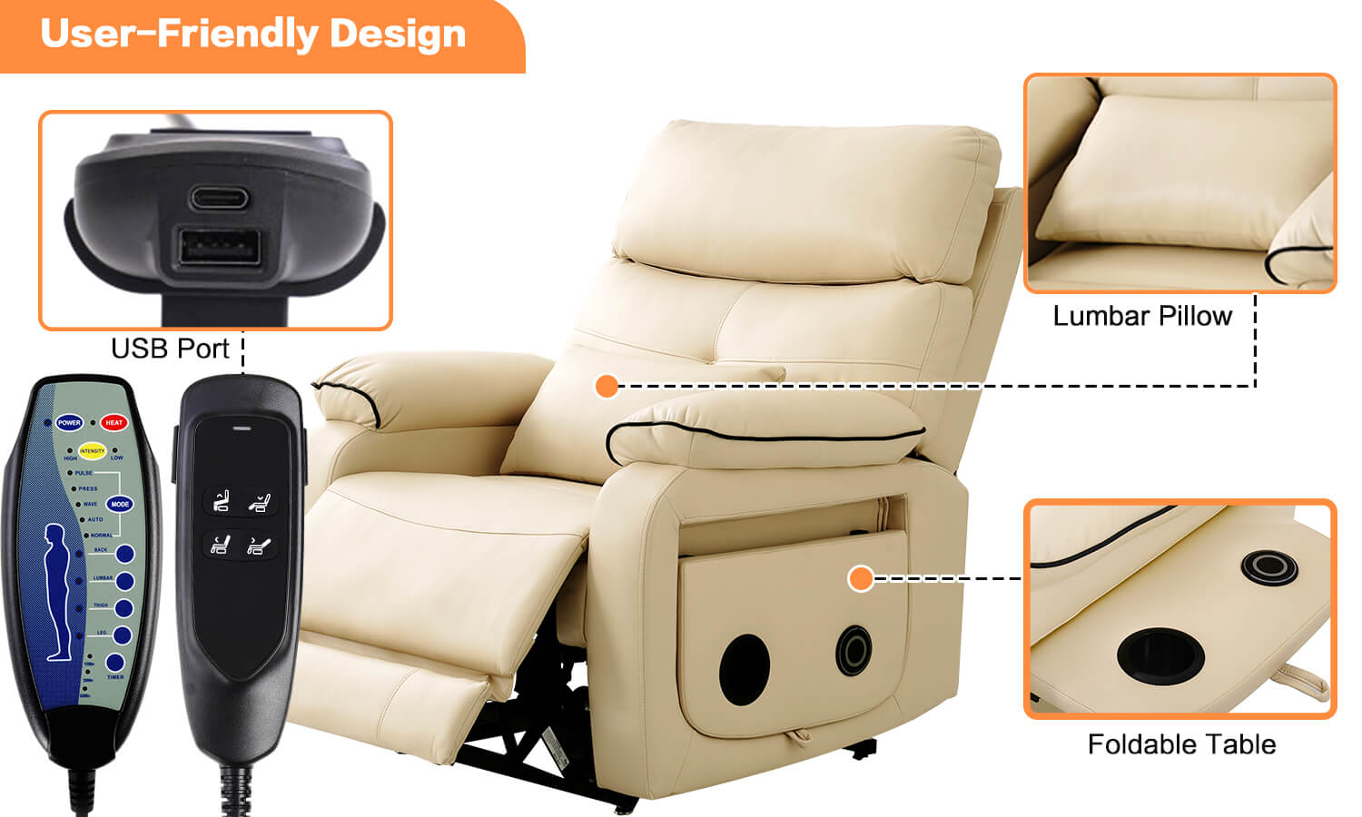 User_friendly_design_recliner_with_foldable_table_and_lumbar_pillow_controlled_by_remotes