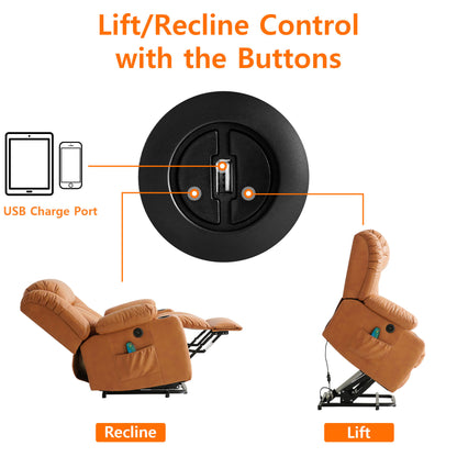 Adjust the standing or reclining position by pressing the button on the right side of the chair, and the USB port in the middle of the button charges low-power devices.