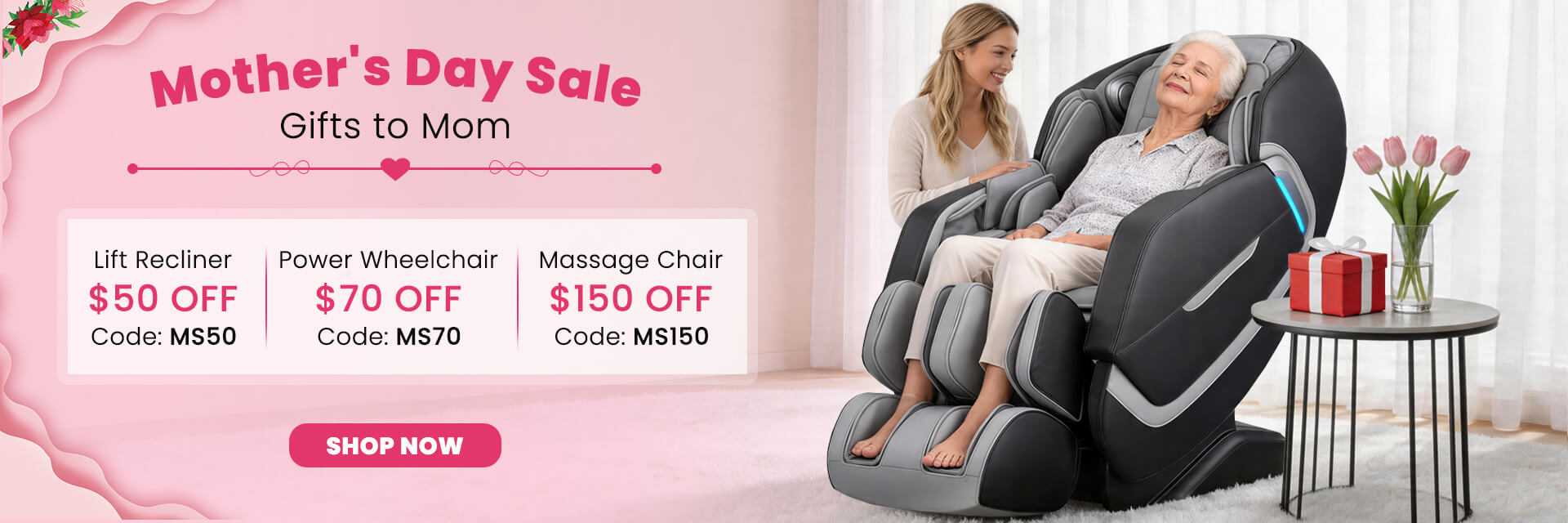 Promotional banner for Mother's Day sale with massage chair, recliner, and power wheelchair discounts.