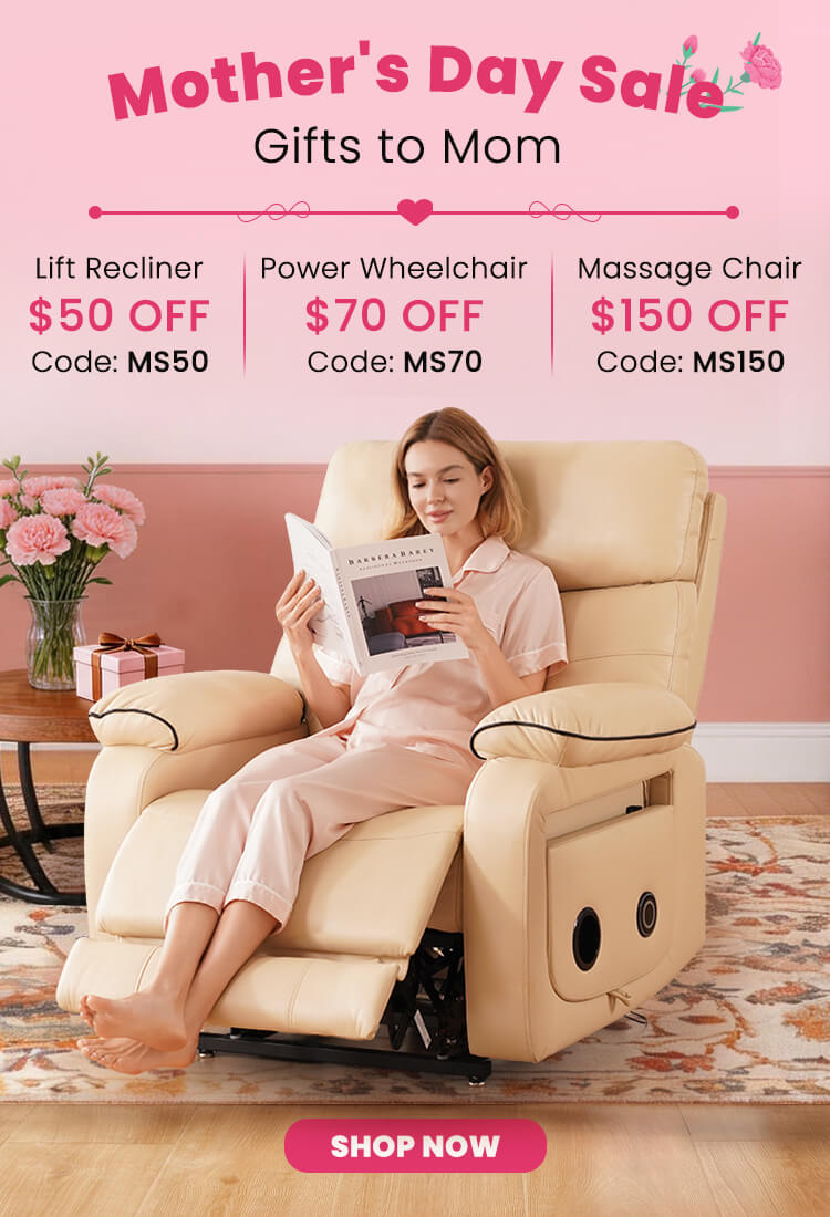 Woman relaxing in a lift recliner chair with Mother's Day sale text and product discounts.