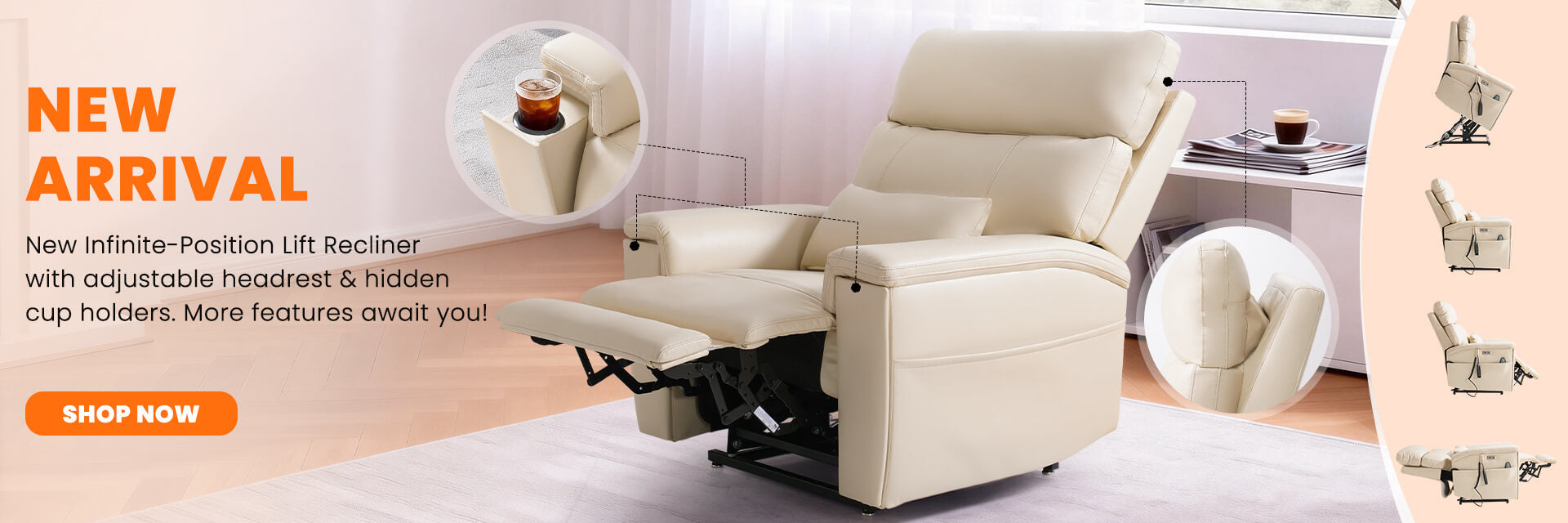Beige recliner chair with cup holders in a living room setting, featuring text about new arrival and product features.