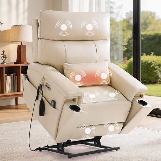 Beige leather power lift recliner chair with hidden cup holders in a living room setting.