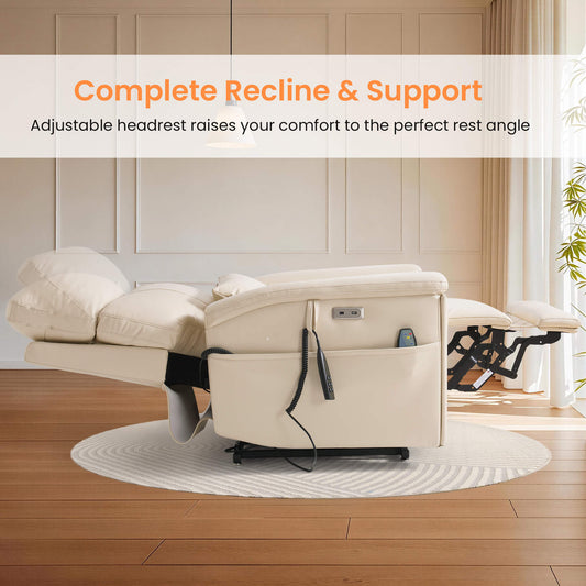 Beige lay flat recliner chair with adjustable headrest in a room with wooden floor and white walls.