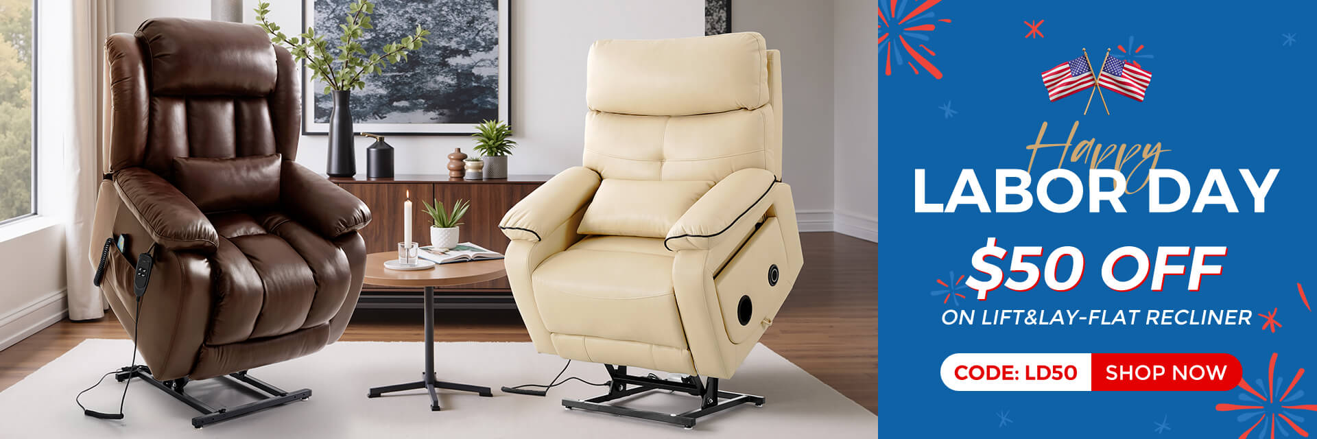 Labor Day sale for power lift recliner, save $50 with code: LD50