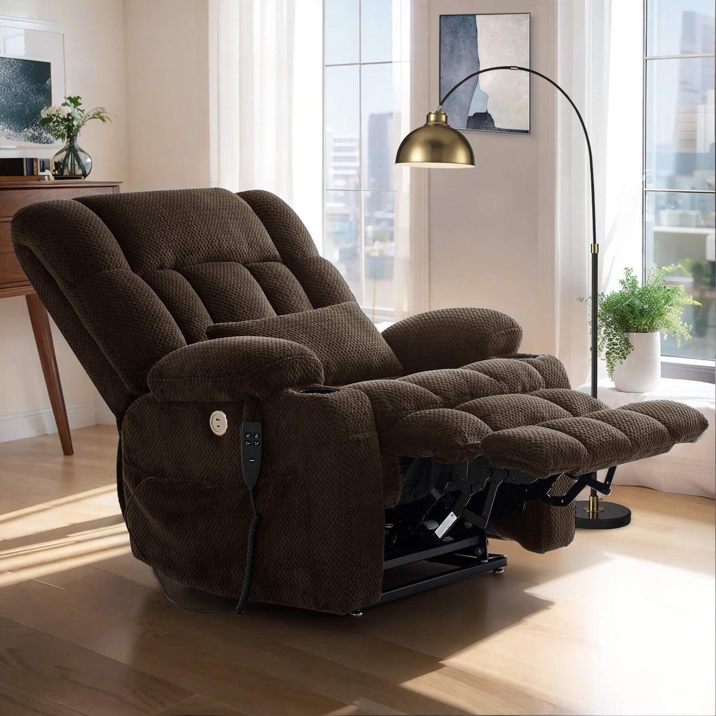 Asjmreye large power recliner in reclining position. Perfect for reading, watching TV and sleeping.
