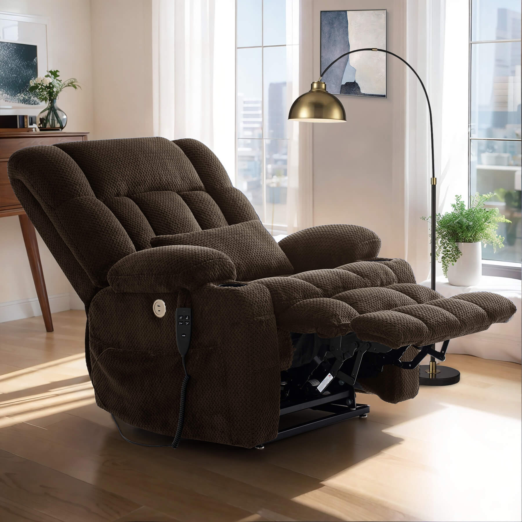 Asjmreye large power recliner in reclining position. Perfect for reading, watching TV and sleeping.