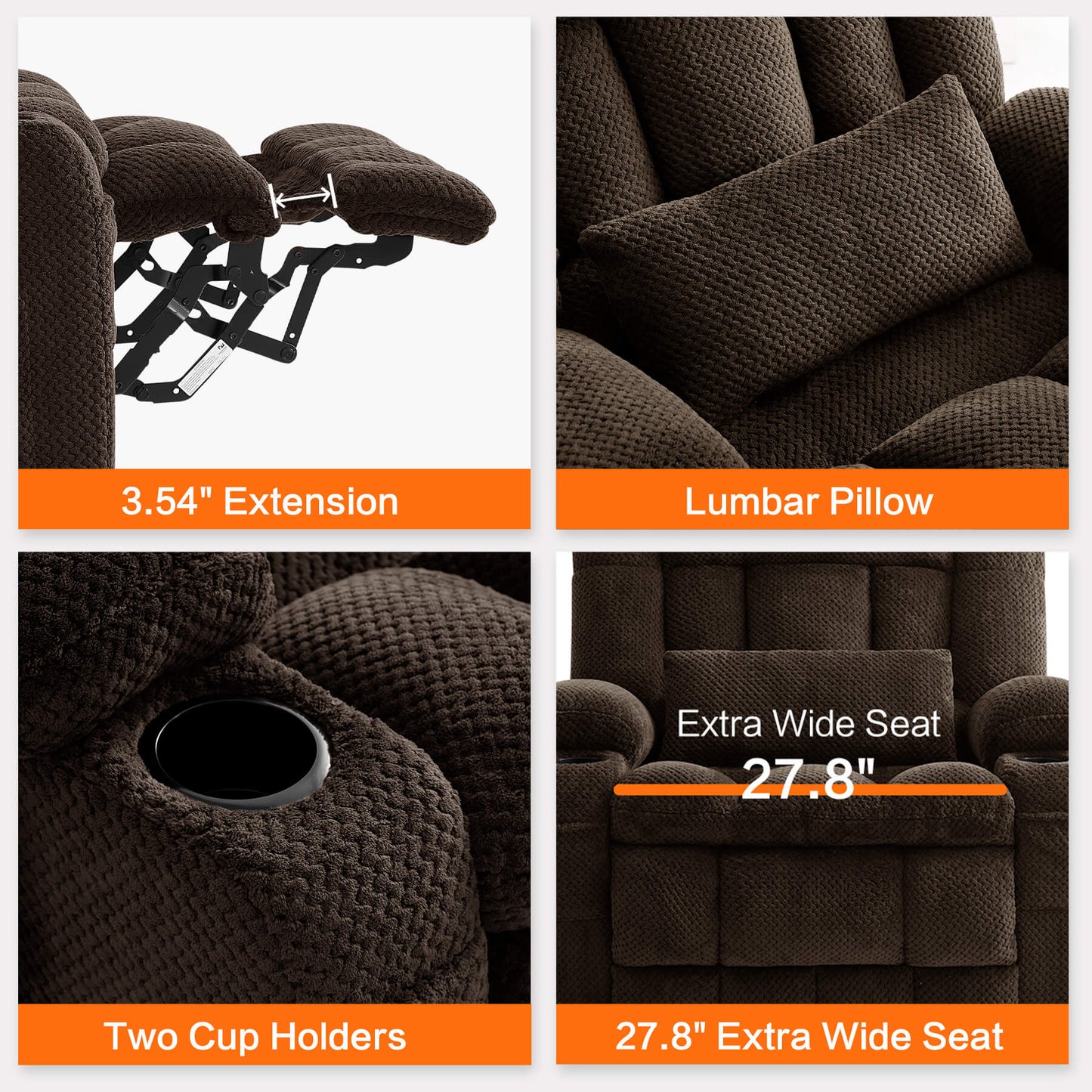 Chair details: 3.54 inches extended footrest, lumbar pillow, two cup holders, 27.8 inches extra wide seat.