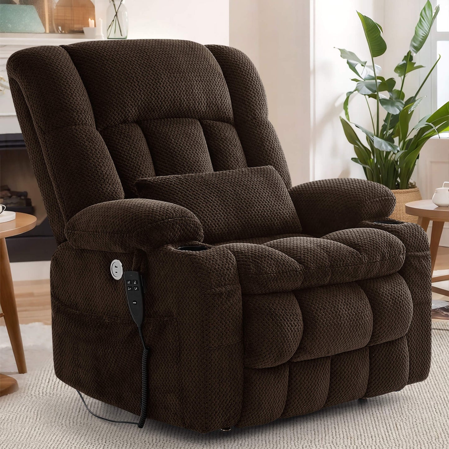 Sitting condition brown oversized fabric power recliner.