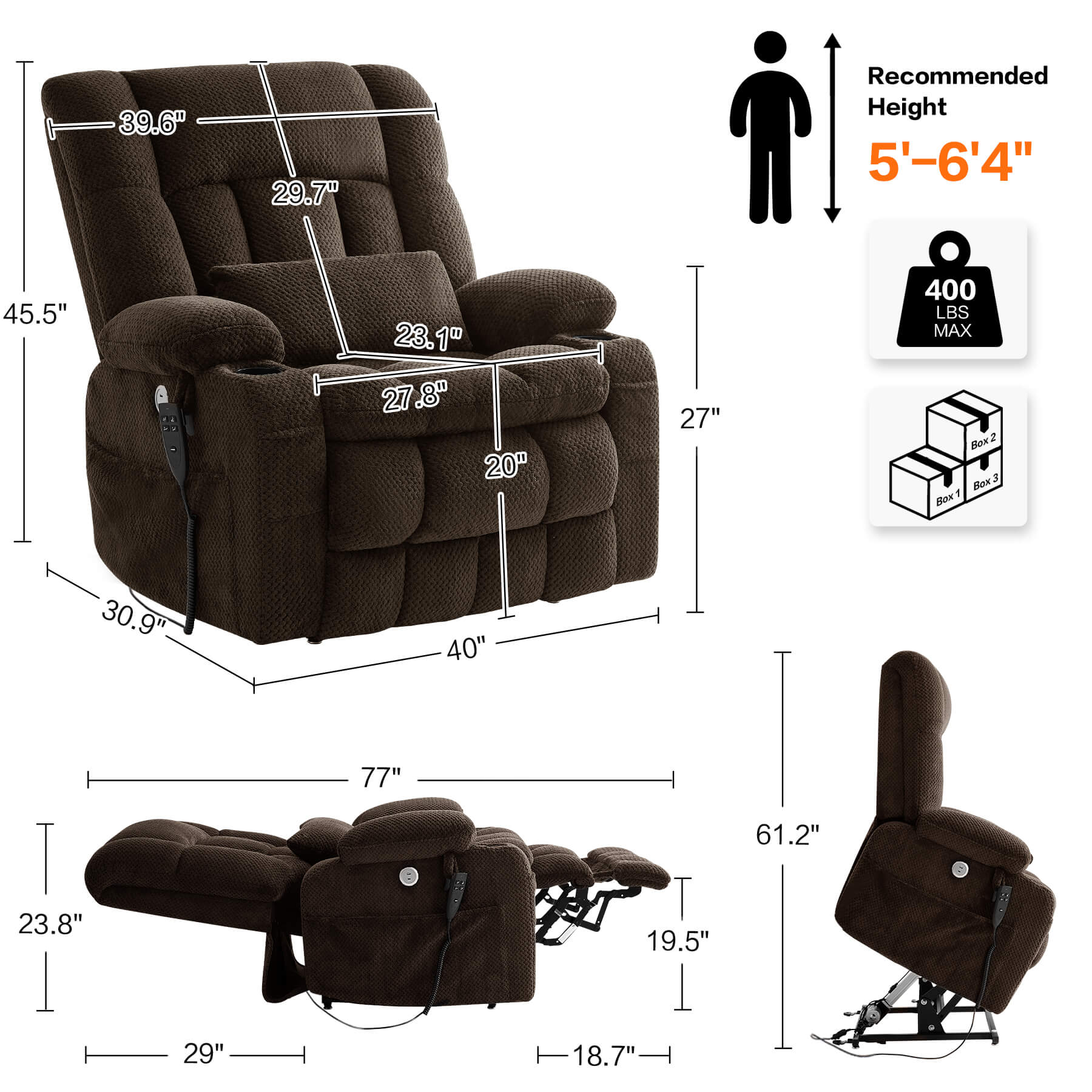 Recliner size, seat width 27.8 inches, weight capacity 400 lbs, fits 5'-6'4”, comes in three boxes.