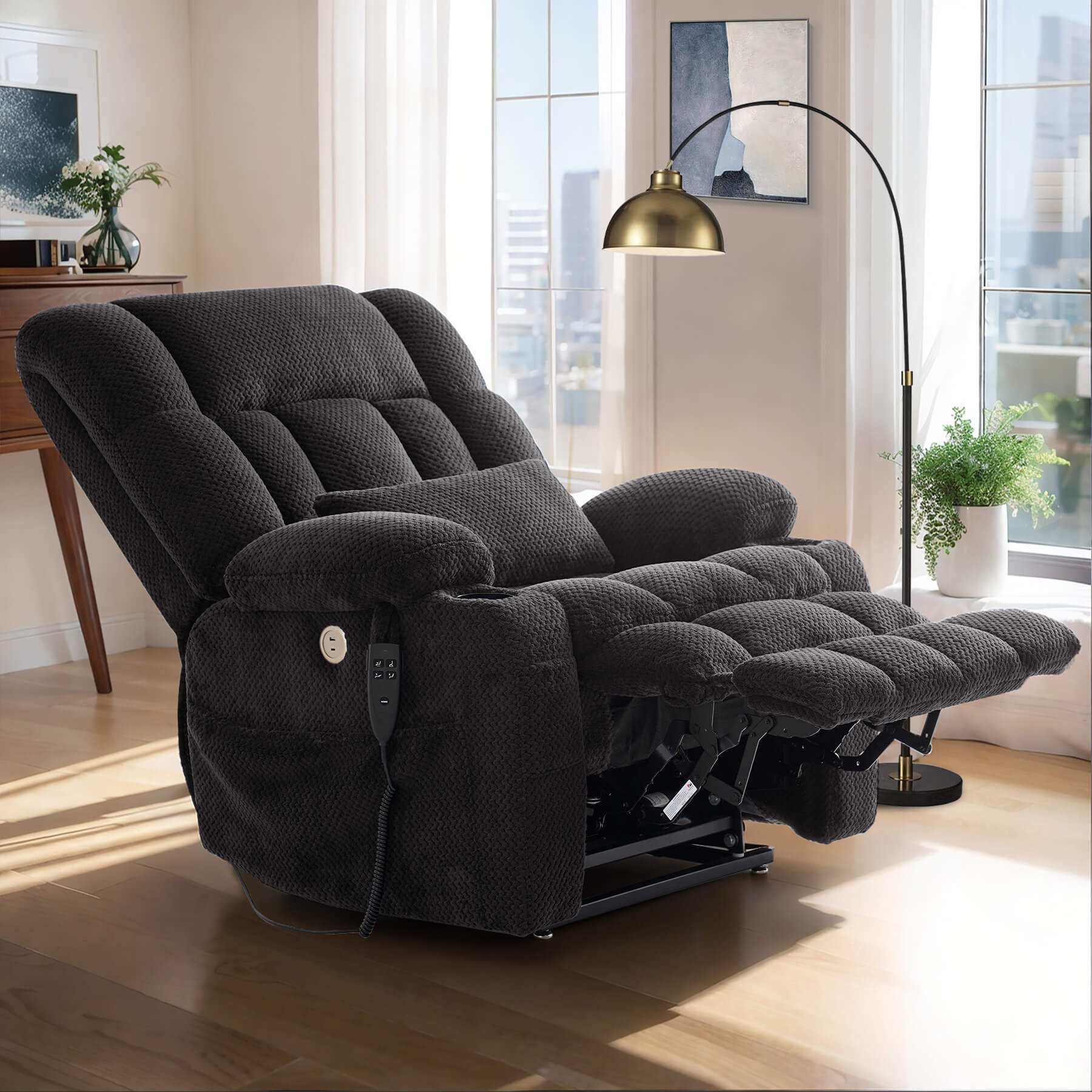 Asjmreye large power recliner in reclining position. Perfect for reading, watching TV and sleeping.