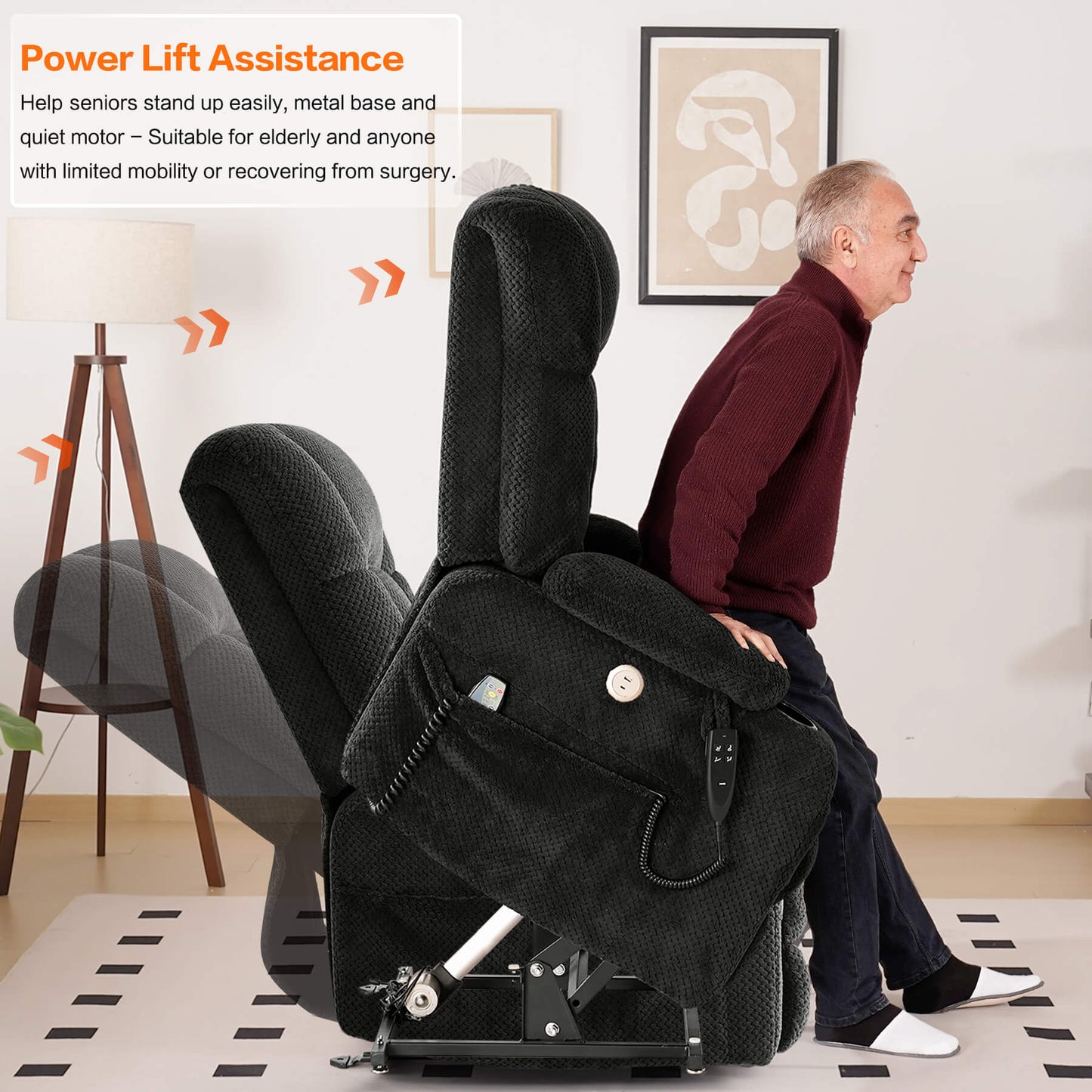 The chair's power lift mechanism assisted the senior to stand up easily.