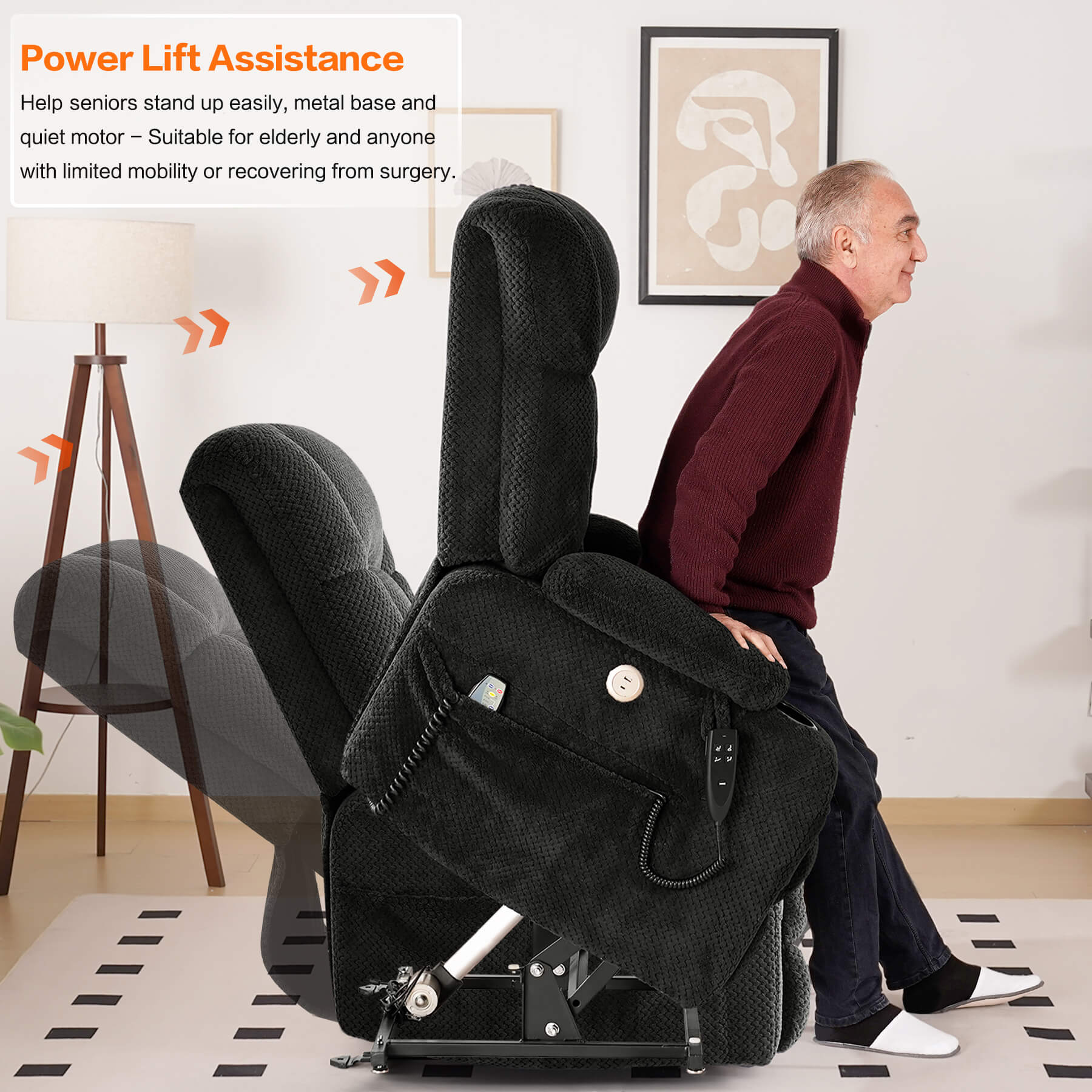 The chair's power lift mechanism assisted the senior to stand up easily.