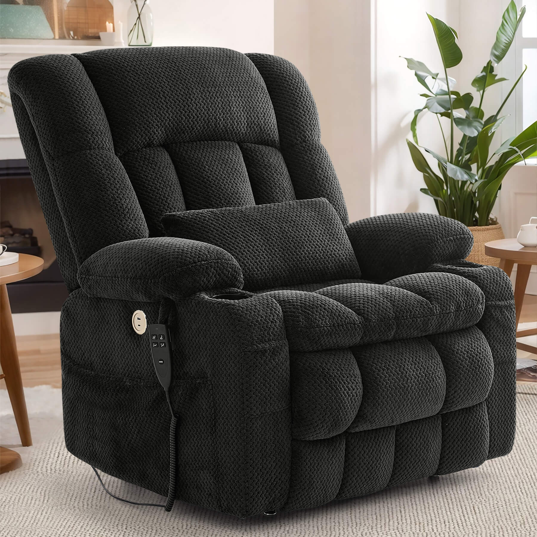Sitting condition gray oversized fabric power recliner.