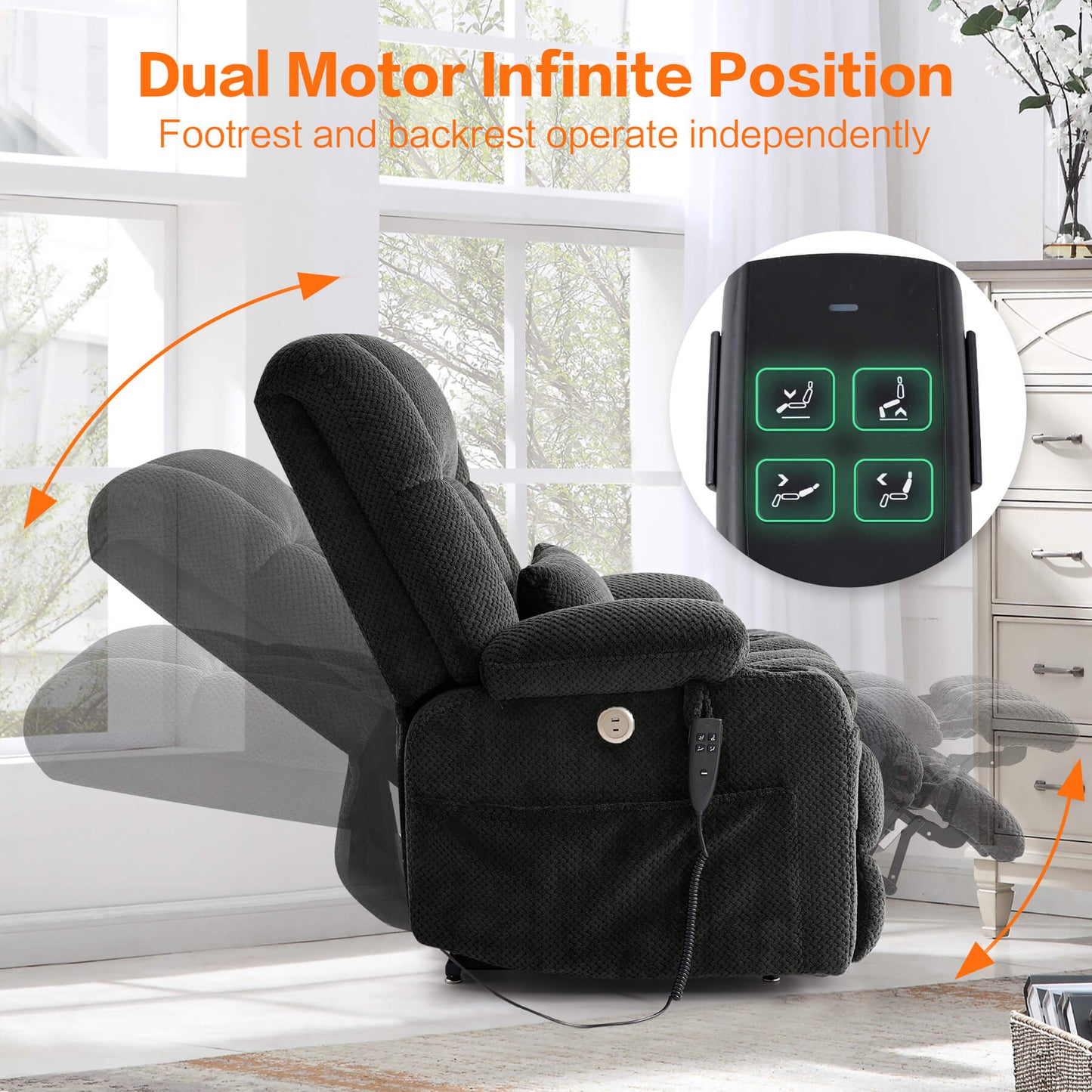 Dual motor lift recliner, footrest and backrest operate independently.