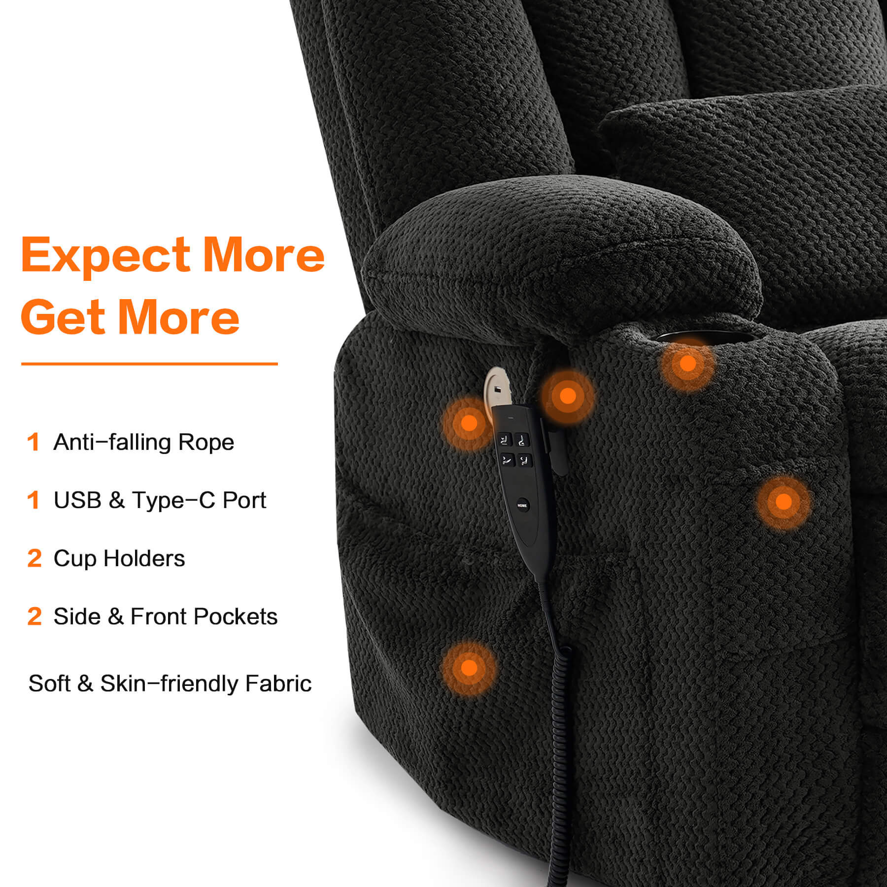 This soft fabric chair has USB and type-c ports, two cup holders, two side and front pockets.