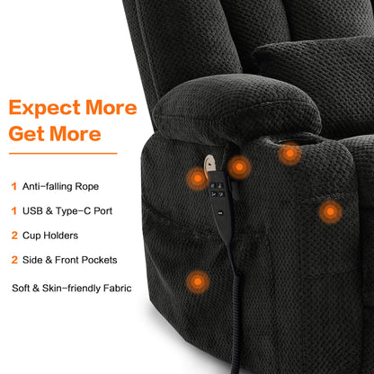 This soft fabric chair has USB and type-c ports, two cup holders, two side and front pockets.