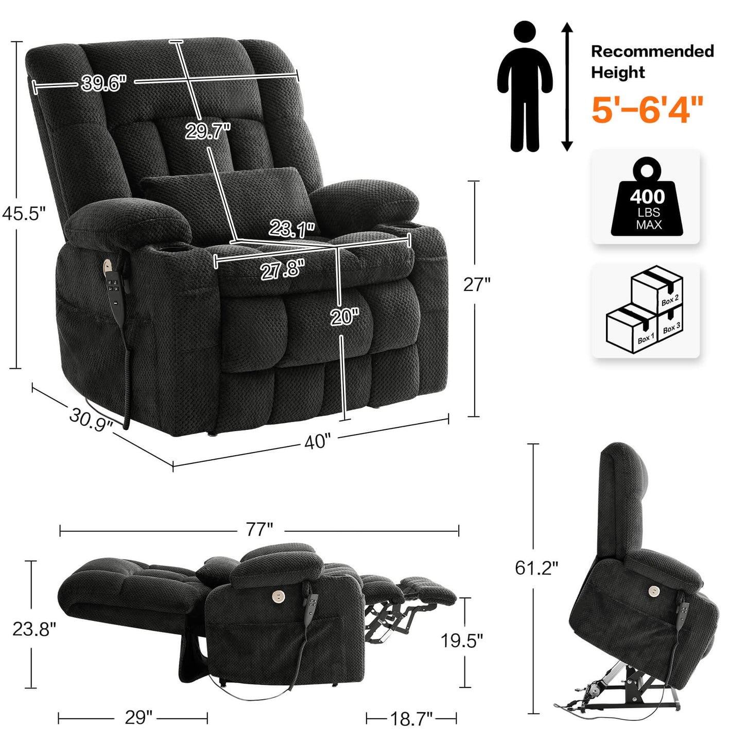Recliner size, seat width 27.8 inches, weight capacity 400 lbs, fits 5'-6'4”, comes in three boxes.