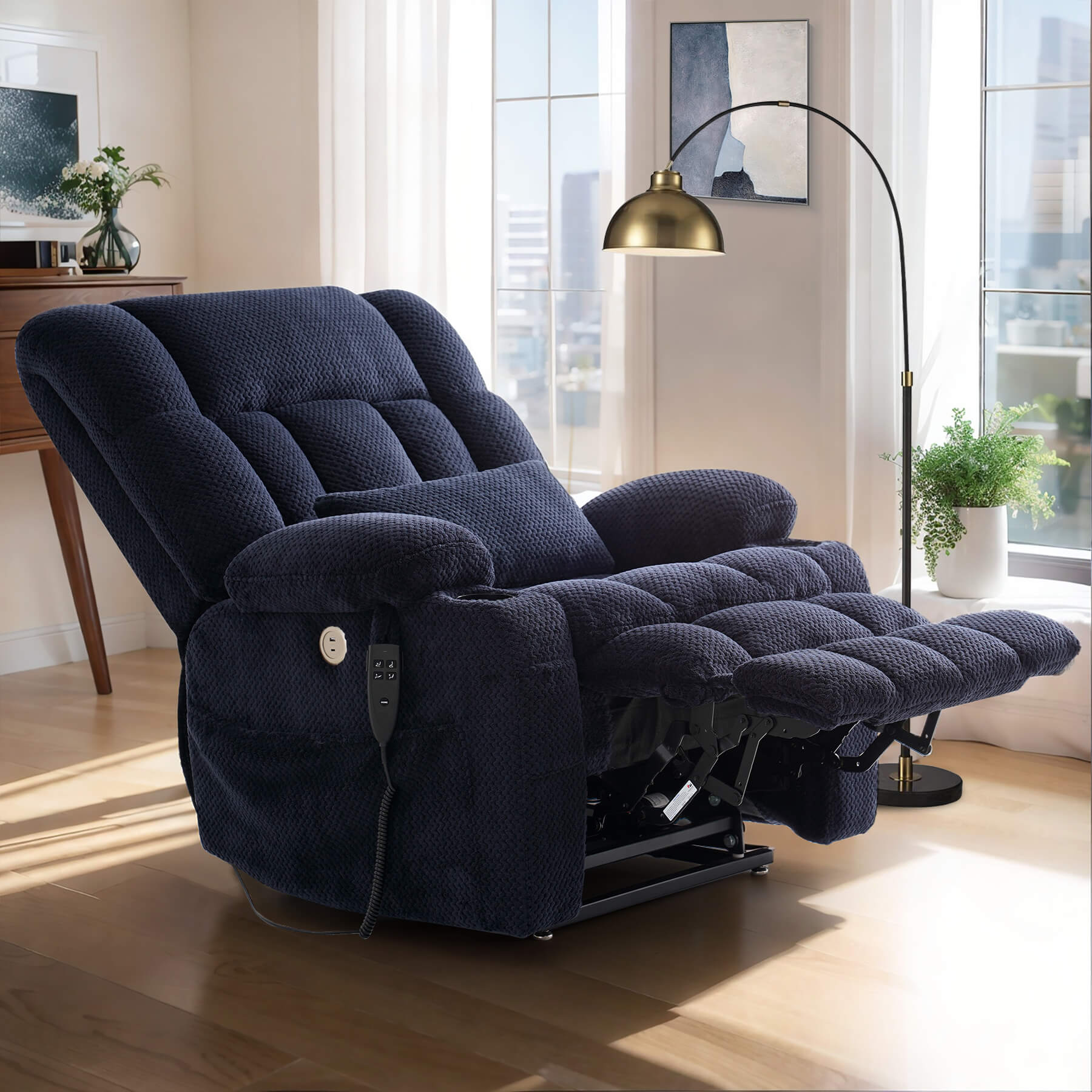 Asjmreye large power recliner in reclining position. Perfect for reading, watching TV and sleeping.