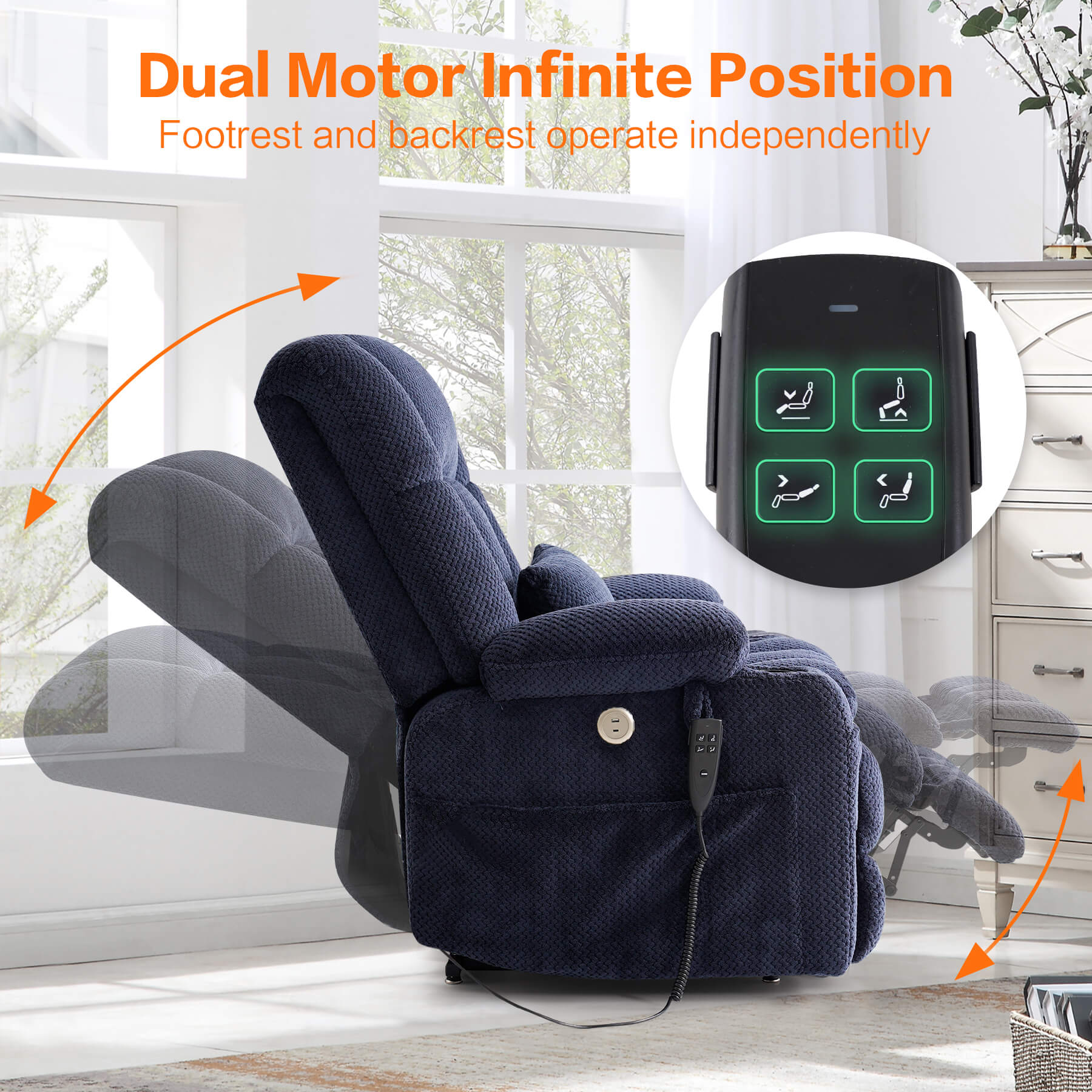 Dual motor lift recliner, footrest and backrest operate independently.