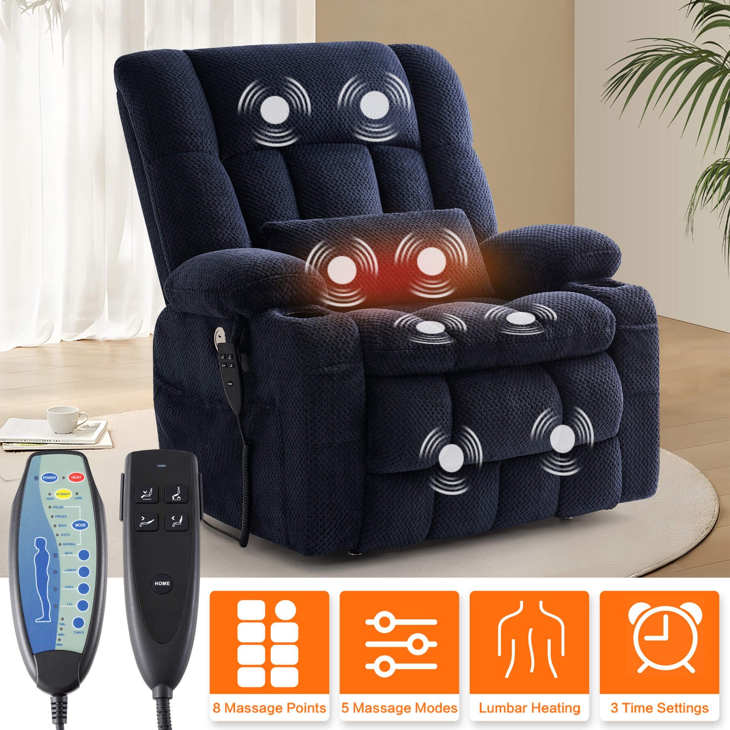 Big electric recliner chair with massage and heating function, controlled by remotes.