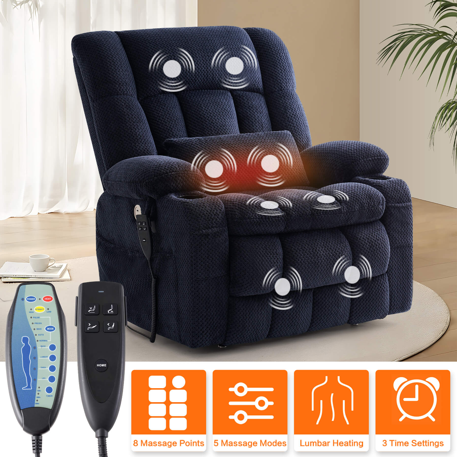 Big electric recliner chair with massage and heating function, controlled by remotes.