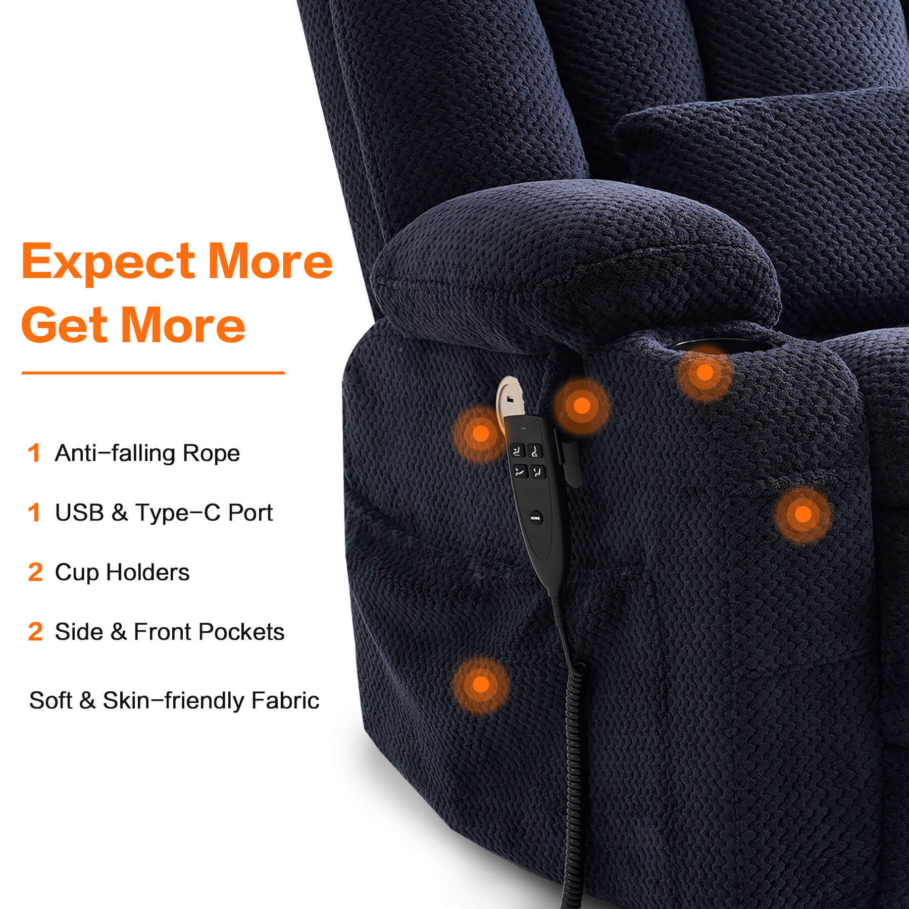 This soft fabric chair has USB and type-c ports, two cup holders, two side and front pockets.