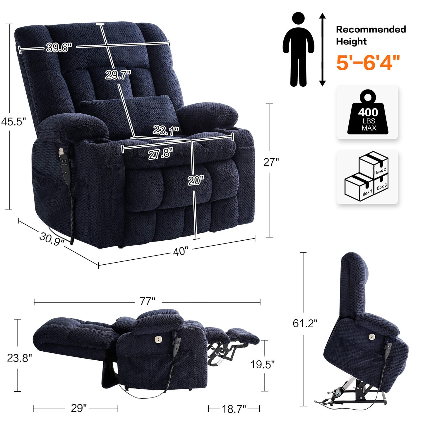 Recliner size, seat width 27.8 inches, weight capacity 400 lbs, fits 5'-6'4”, comes in three boxes.