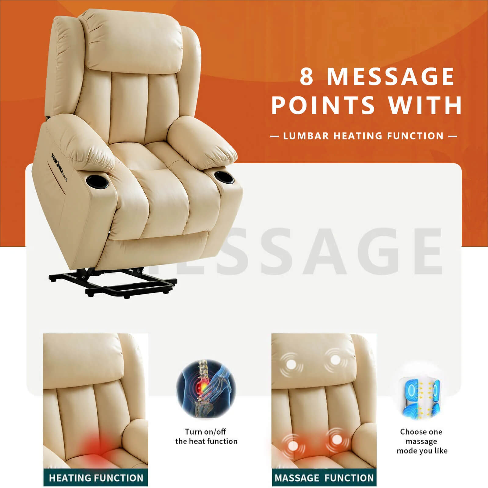 Power recliner chair with massage and heating function to relax the body, operated by remote control.