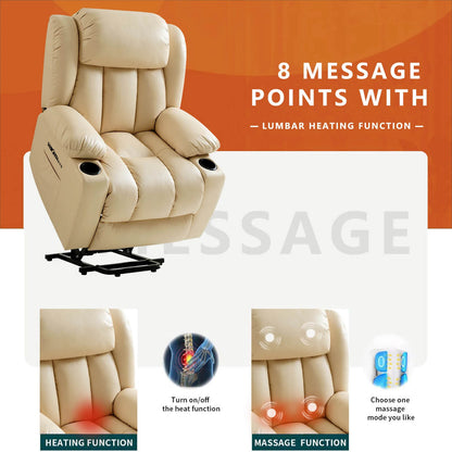 Power recliner chair with massage and heating function to relax the body, operated by remote control.