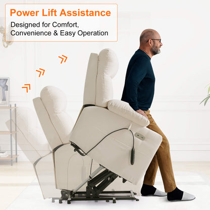 Beige power lift chair with a man demonstrating its use, text about power lift feature.
