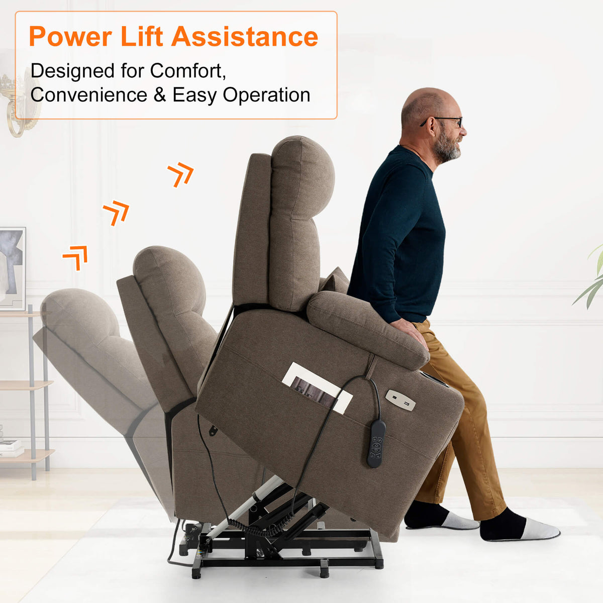 Brown power lift chair with a man demonstrating its use, text about power lift feature.