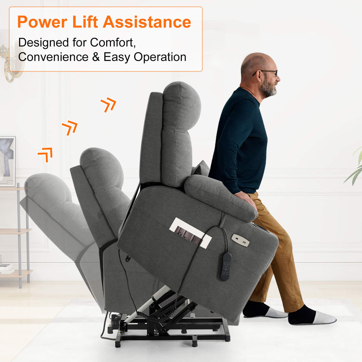 Gray power lift chair with a man demonstrating its use, text about power lift feature.