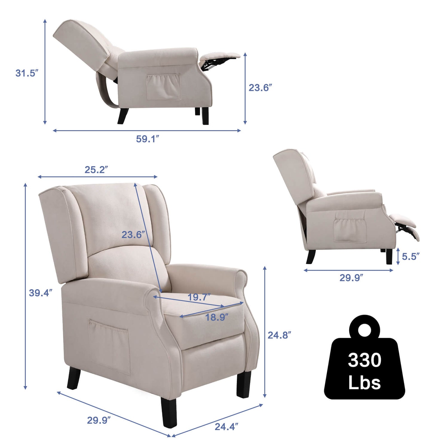 Size_chart_of_the_beige_fabric_wingback_recliner_chair