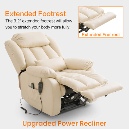 Beige upgraded power recliner chair with extended footrest on a light gray background.