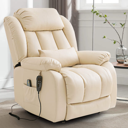 Beige leather recliner chair in a living room setting, facing sideways.