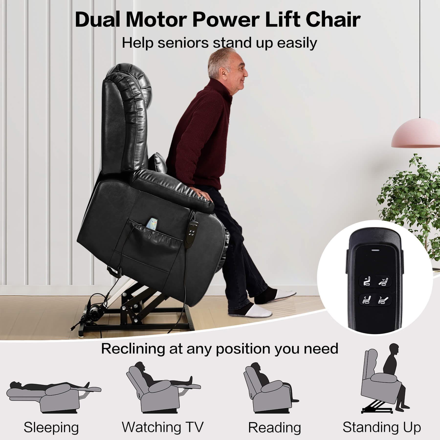 Dual Motor Power Lift Chair with lifting and reclining features, controlled via remote, and a man using it.