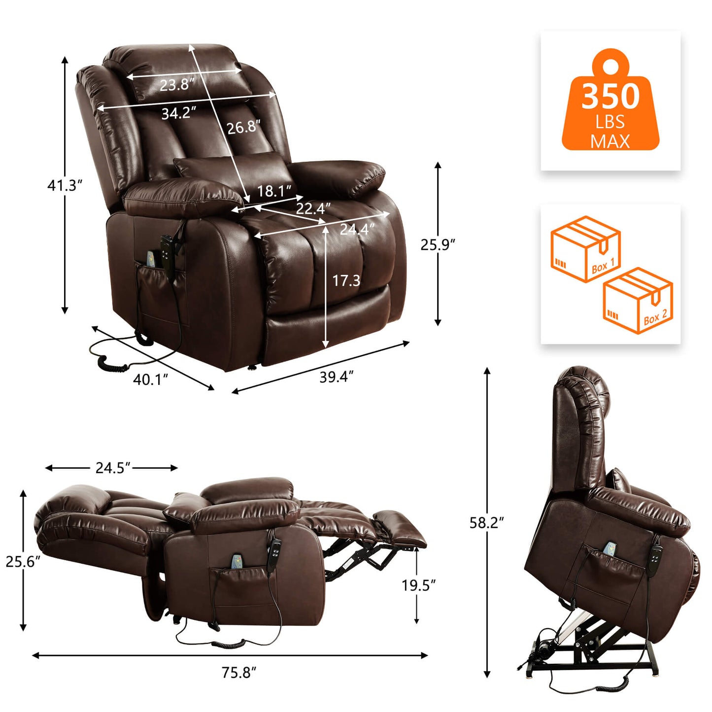 Brown leather recliner chair with dimensions and weight capacity on a white background. Overall size: 39.4" x 40.1" x 41.3"