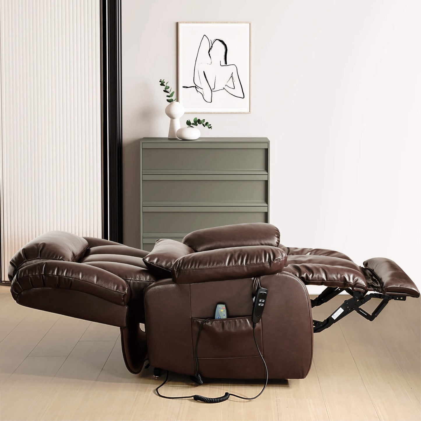 Brown leather recliner lies flat in the room.