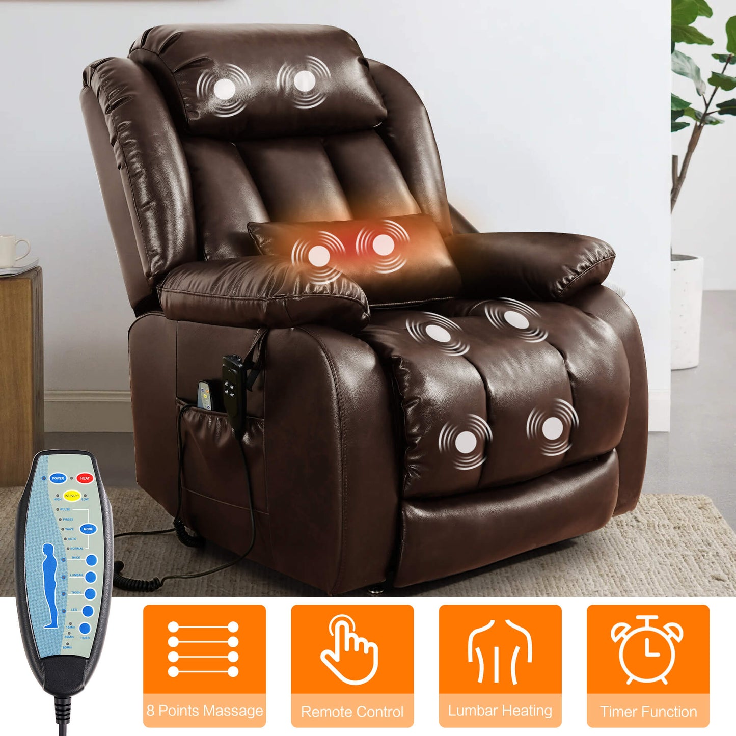 Brown recliner chair with massage and heating functions, with remote control in a living room setting.