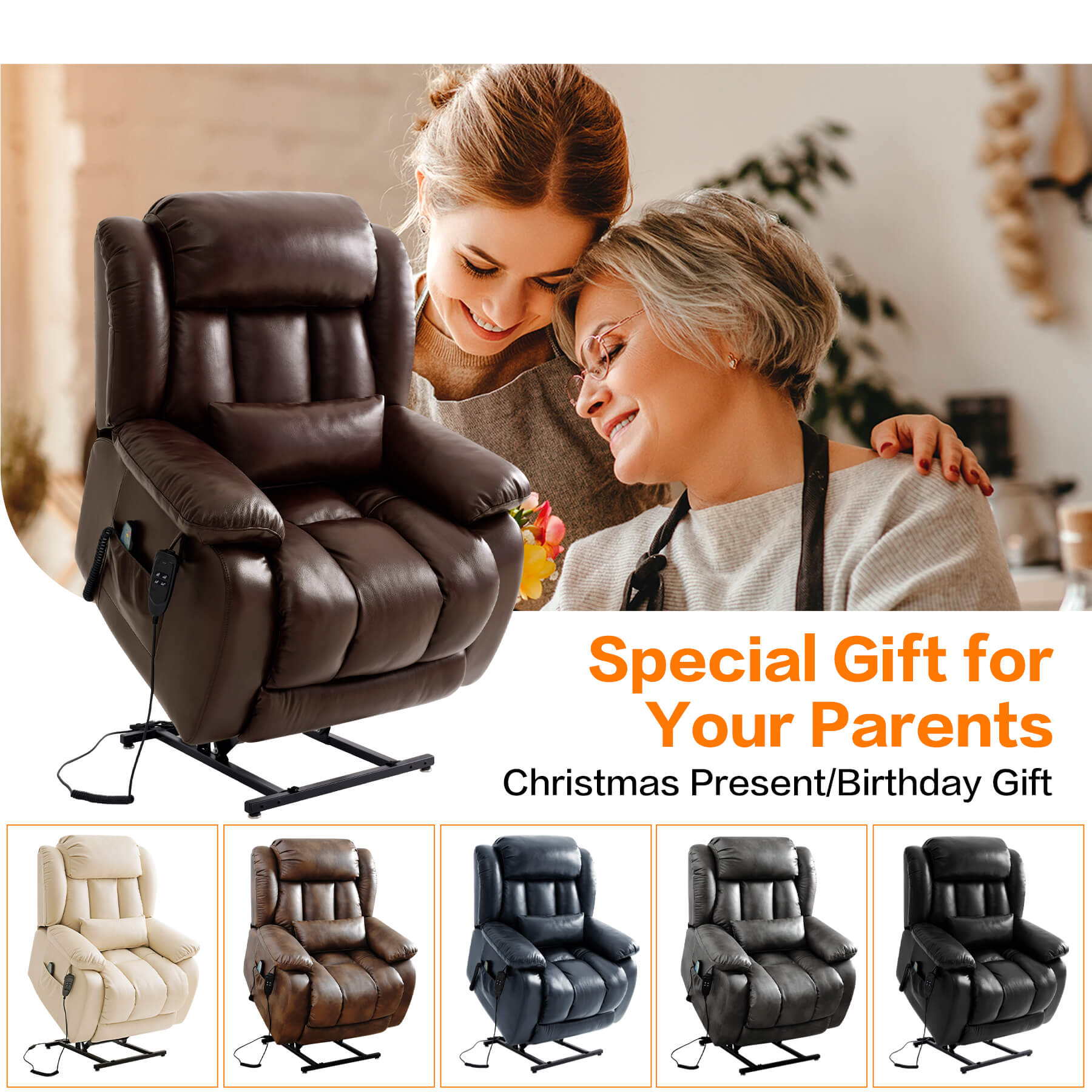 Brown leather recliner chair with a woman and elderly woman, text 'Special Gift for Your Parents', and images of other five color recliner chairs.