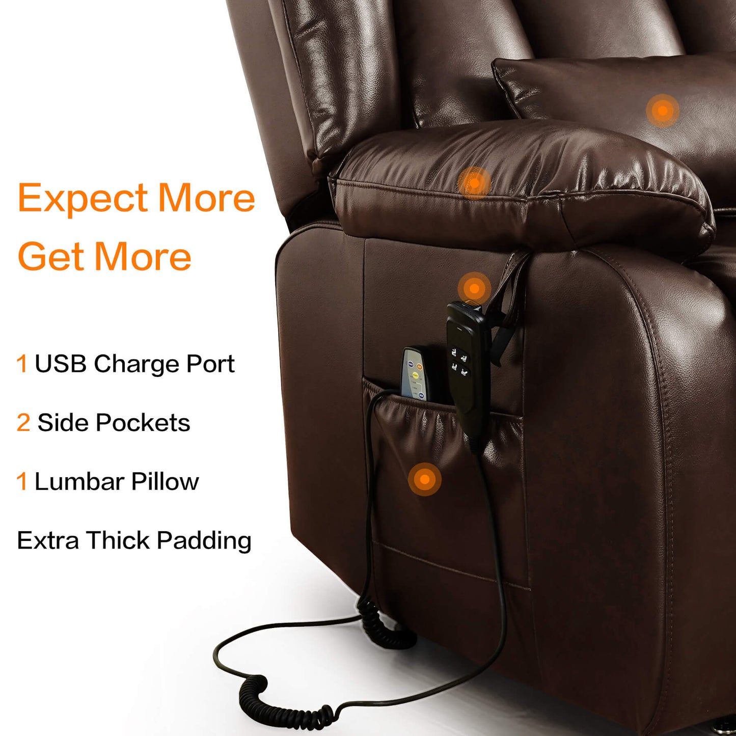 Brown leather recliner chair with USB charge port, side pockets, lumbar pillow, and thick padding on a white background.