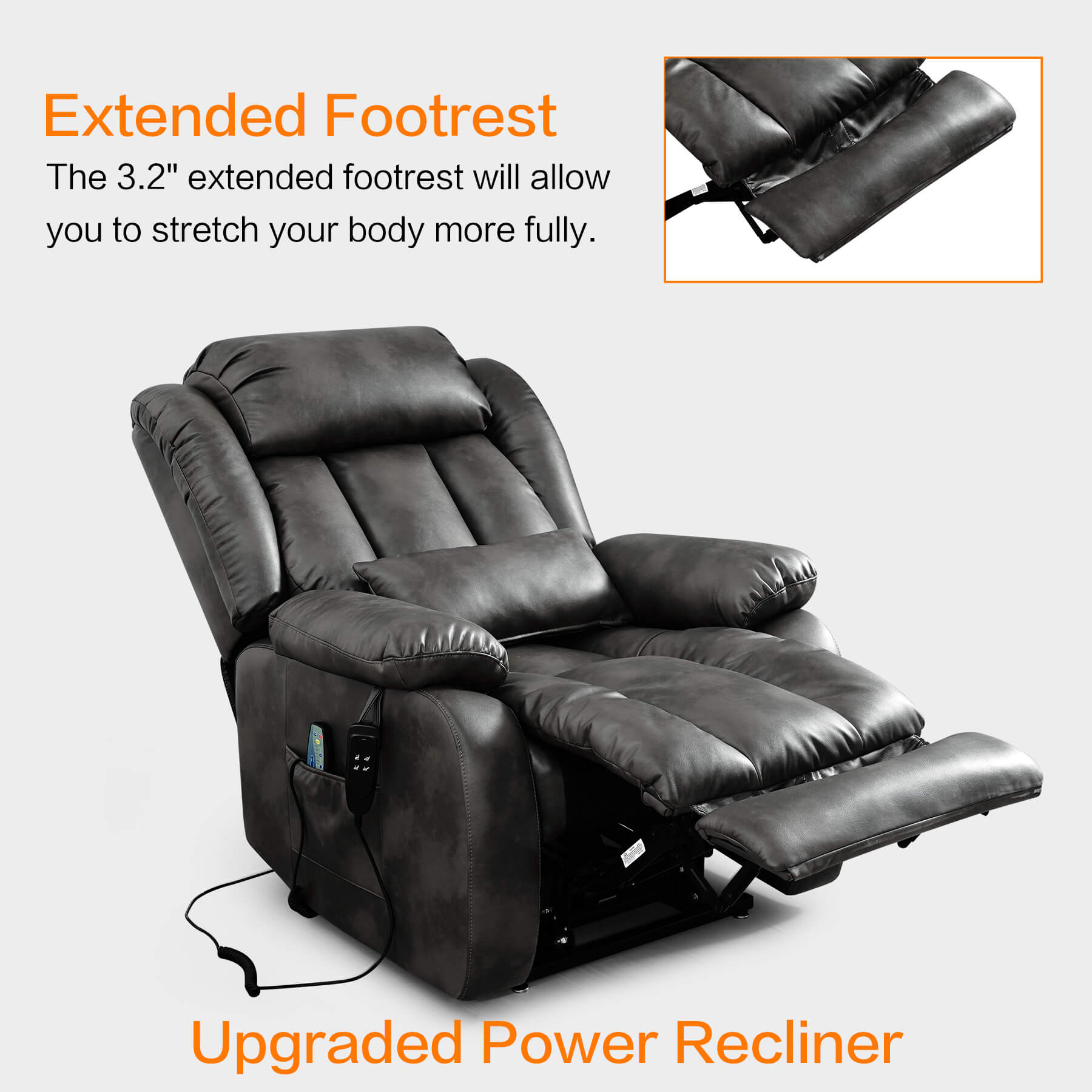 Gray upgraded power recliner chair with extended footrest on a light gray background.