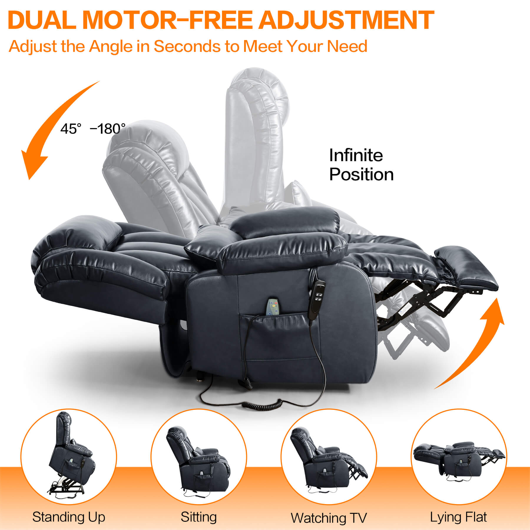 Navy recliner chair with dual motor - free adjustment features on a white background.