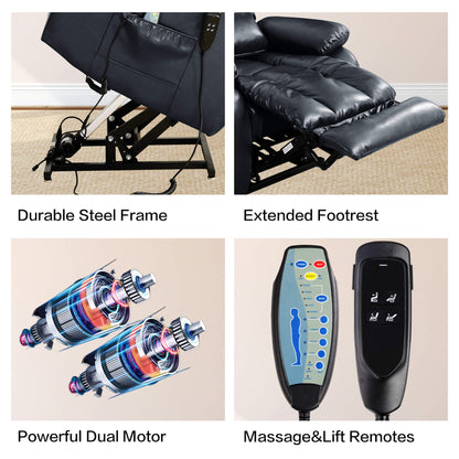 Recliner chair with features highlighted including durable steel frame, extended footrest, powerful dual motor, and massage/lift remotes.